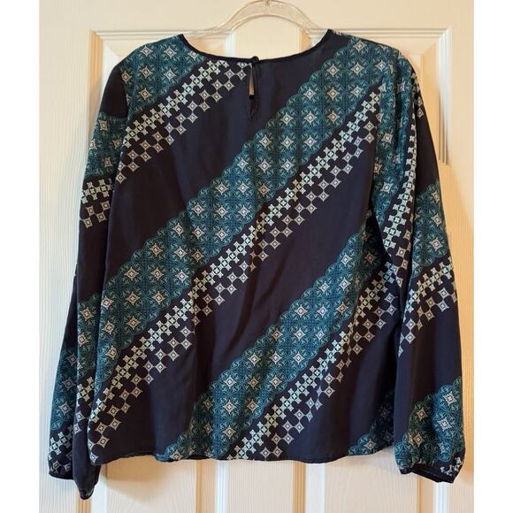 Talbots Navy Teal Turquoise White Tencel Lyocell Long Sleeve Top Size L - Picture 5 of 7